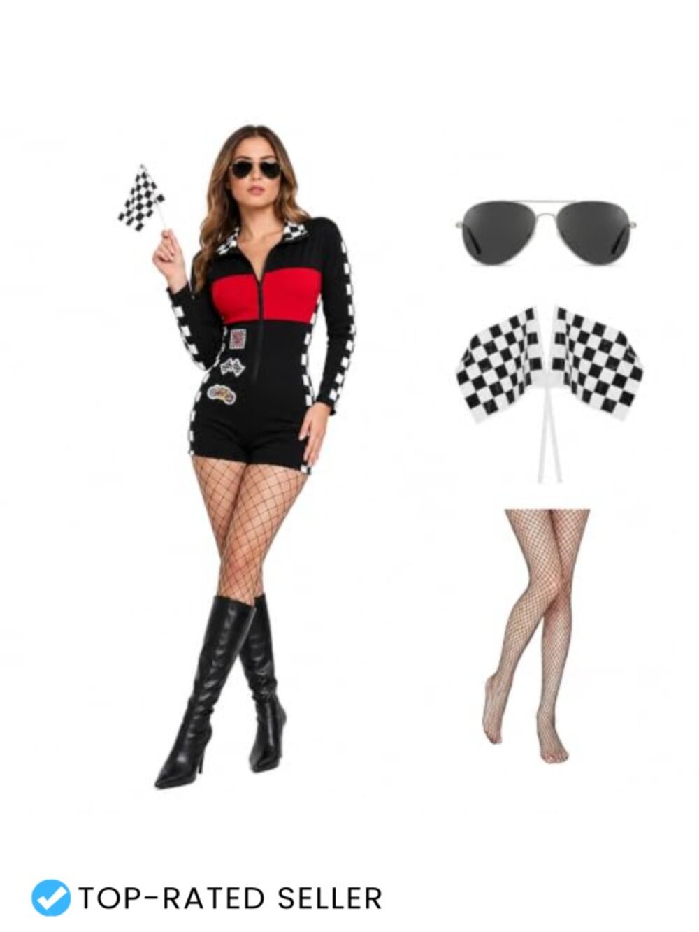 Race Car Driver Costume Set Jumpsuit Flags Sunglasses Aviators Halloween Cosplay
